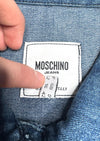 Vintage 2000s Y2K Moschino Jeans Cropped Blue Medium Wash Collared Button Down Denim Jacket | Size M-L