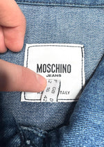 Vintage 2000s Y2K Moschino Jeans Cropped Blue Medium Wash Collared Button Down Denim Jacket | Size M-L