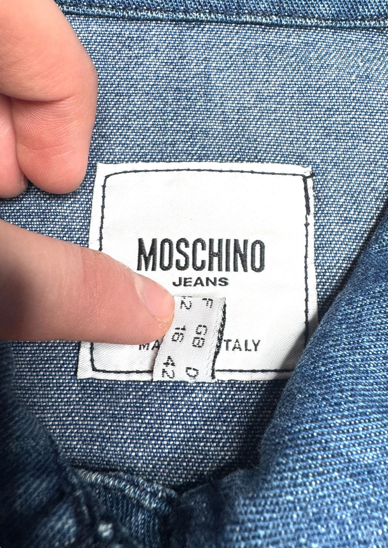 Vintage 2000s Y2K Moschino Jeans Cropped Blue Medium Wash Collared Button Down Denim Jacket | Size M-L