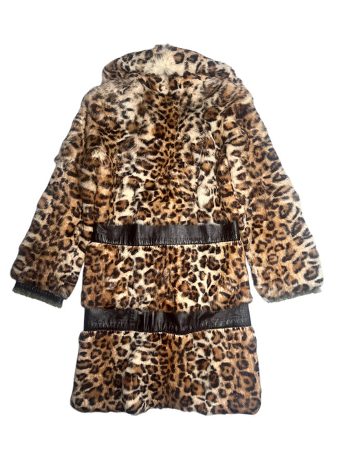Vintage 90s Animal Leopard Print Genuine Fur Winter Trench Coat with Leather Panel Details | Size S
