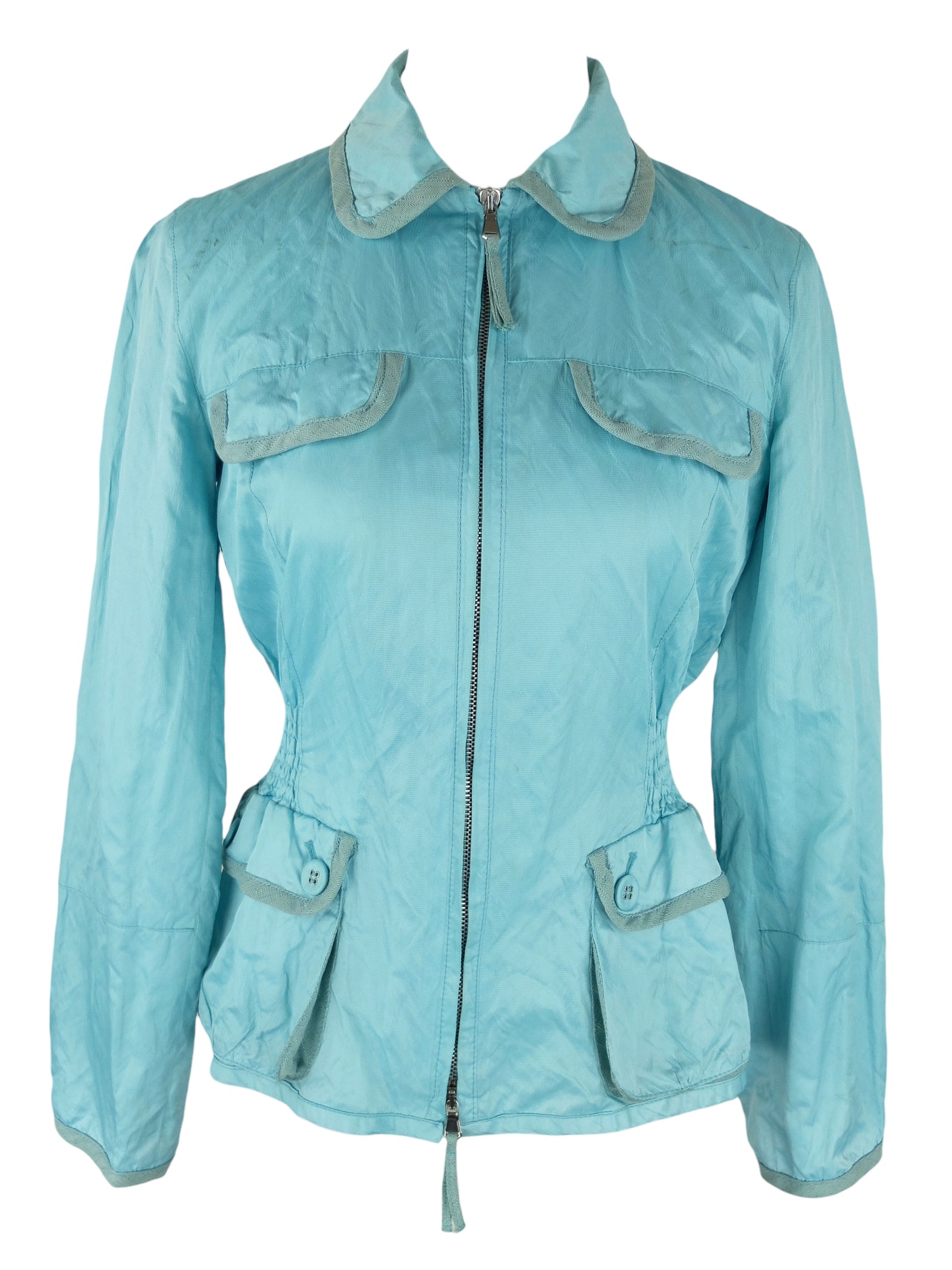 Vintage 90s Y2K Marella Designer Preppy Chic Turquoise Blue Solid Collared Zip Up Shell Jacket | Size S-M
