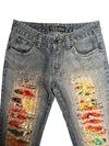 Vintage 2000s Y2K Bohemian Grunge Low Mid Rise Ripped Faded Denim Straight Leg Slim Jeans With Floral Patchwork Detail | 28 Inch Waist