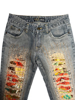 Vintage 2000s Y2K Bohemian Grunge Low Mid Rise Ripped Faded Denim Straight Leg Slim Jeans With Floral Patchwork Detail | 28 Inch Waist