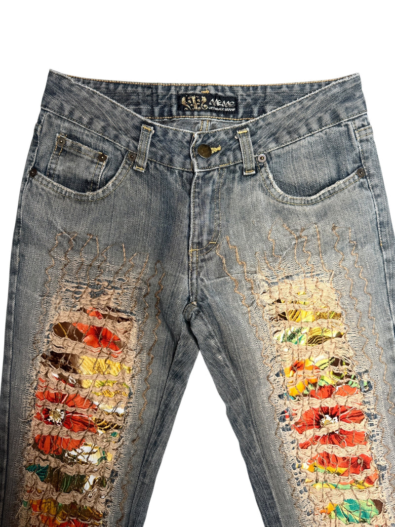 Vintage 2000s Y2K Bohemian Grunge Low Mid Rise Ripped Faded Denim Straight Leg Slim Jeans With Floral Patchwork Detail | 28 Inch Waist