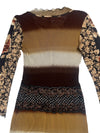 Vintage 2000s Y2K Brown Floral & Striped Mesh Midi Dress With Knit Long Sleeves | Size M