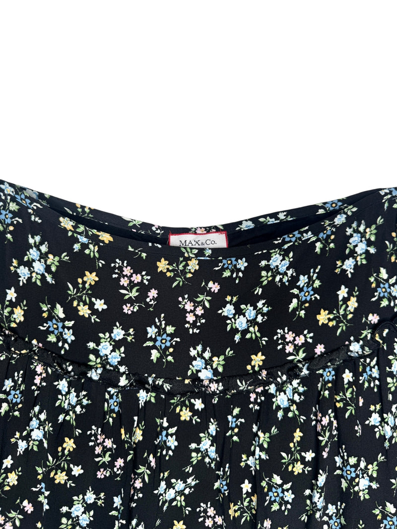 Vintage 2000s Y2K Max & Co Bohemian Chic Black Blue Floral High Waisted Above-the-Knee Chiffon A-Line Circle Skirt | Size M