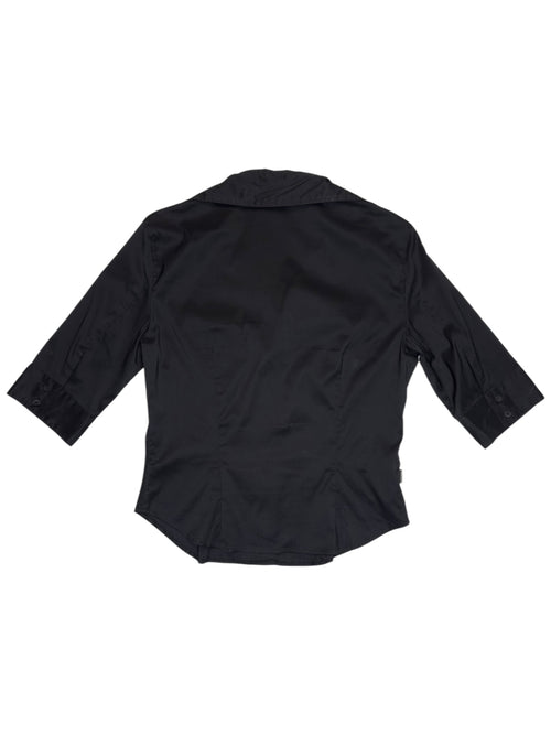 Vintage 2000s Moschino 3/4 Sleeve Black Button Up Collared Shirt with Red Rhinestone Detail | Size M