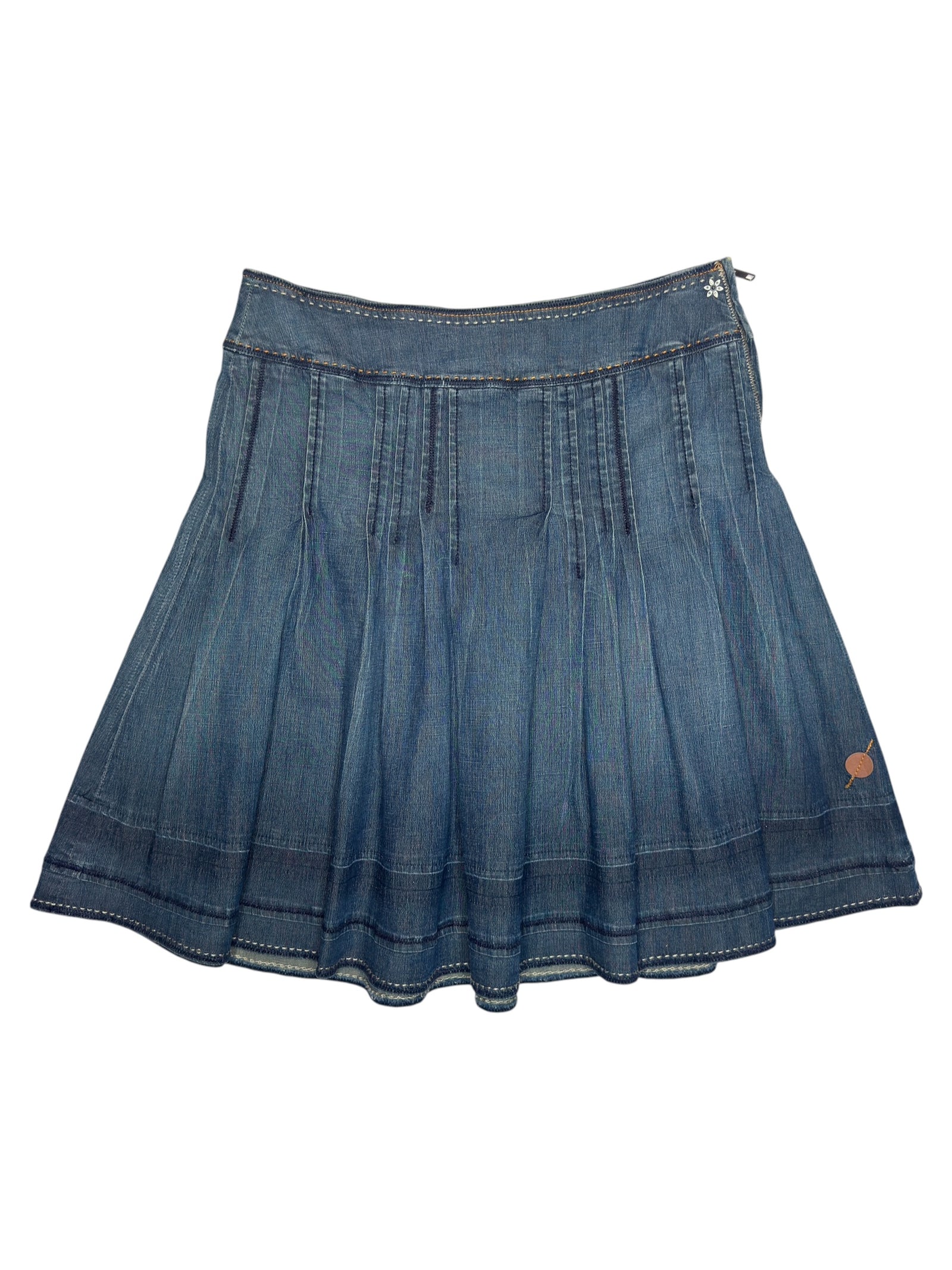 Vintage 2000s BOSS by HUGO BOSS Blue Denim Pleated Above-the-Knee Circle Skirt | Size S-M