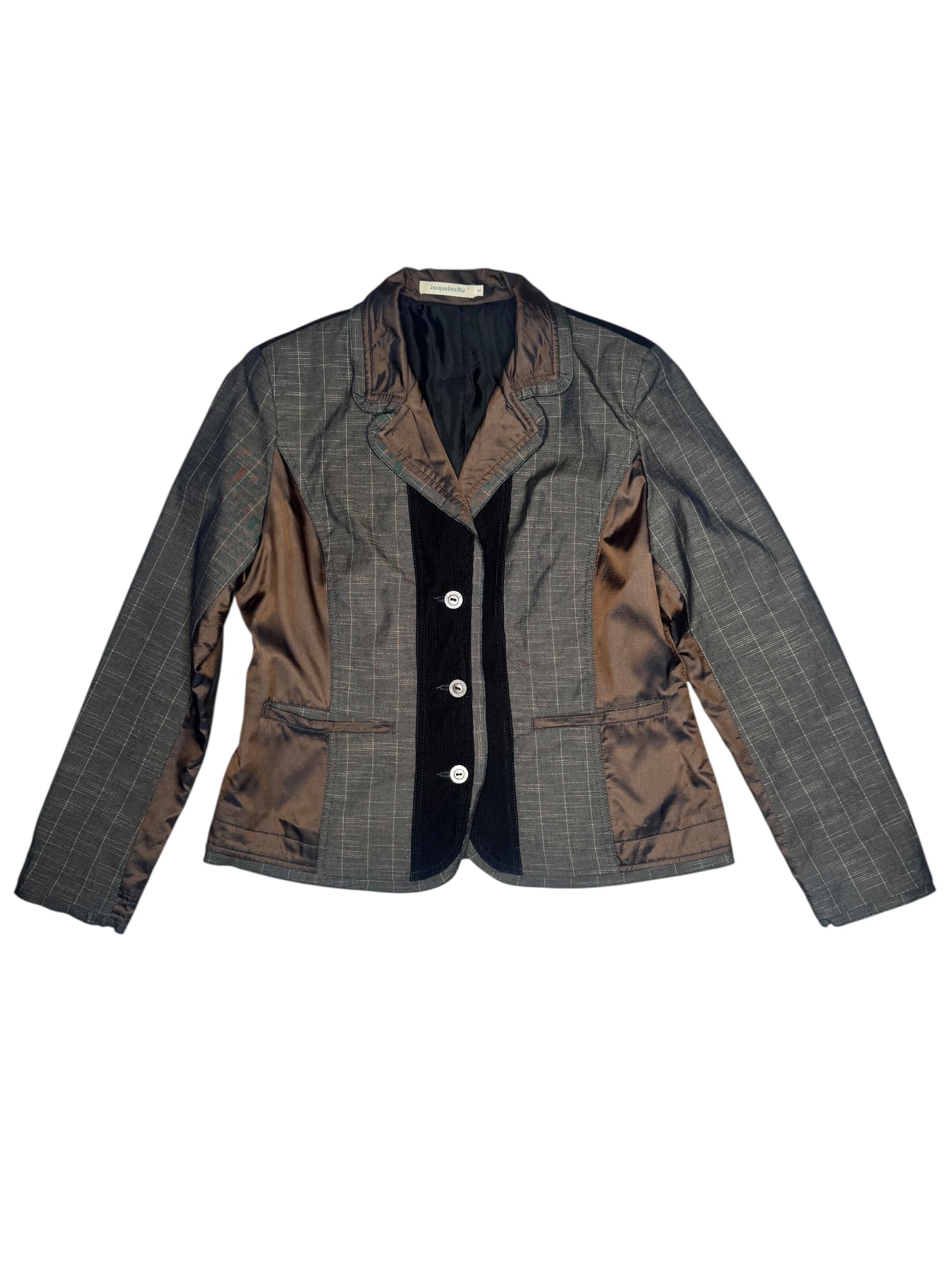 Vintage 2000s Brown & Grey Patchwork Pinstripe Collared Button Down Blazer Jacket | Size S-M