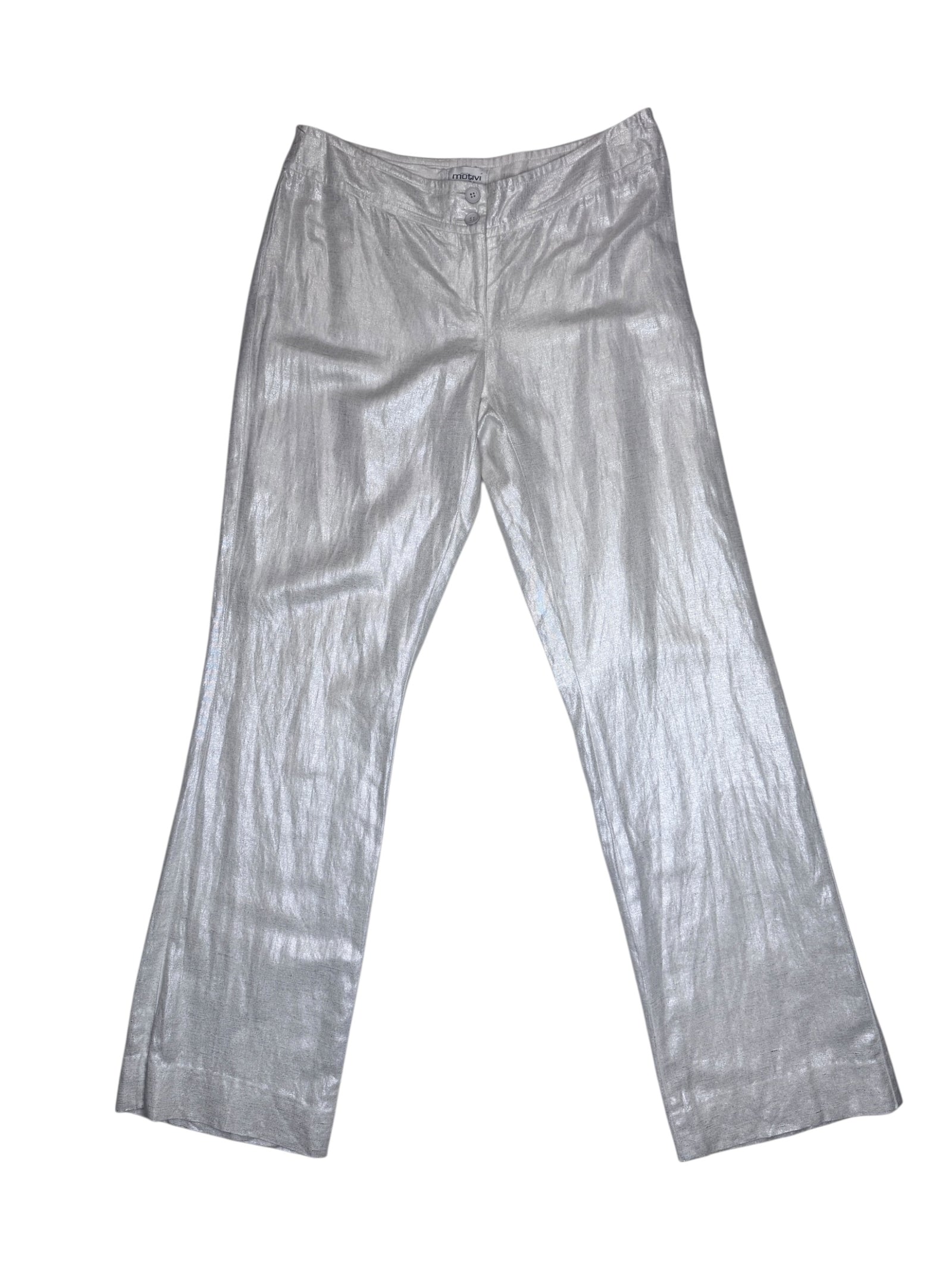Vintage 2000s Linen Blend White Mid-Rise Straight Leg Metallic Trousers | 30 Inch Waist
