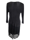 Vintage 2000s Y2K Chic Feminine Formal Solid Black Pleated Crinkle Long Sleeve Below-the-Knee Midi Dress with Lace Trim | Size XL-XXL