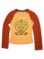 Vintage 2000s Y2K Custo Barcelona Orange Long Sleeve Abstract Graphic Print V-Neck Shirt with Glitter Sleeves | Size S