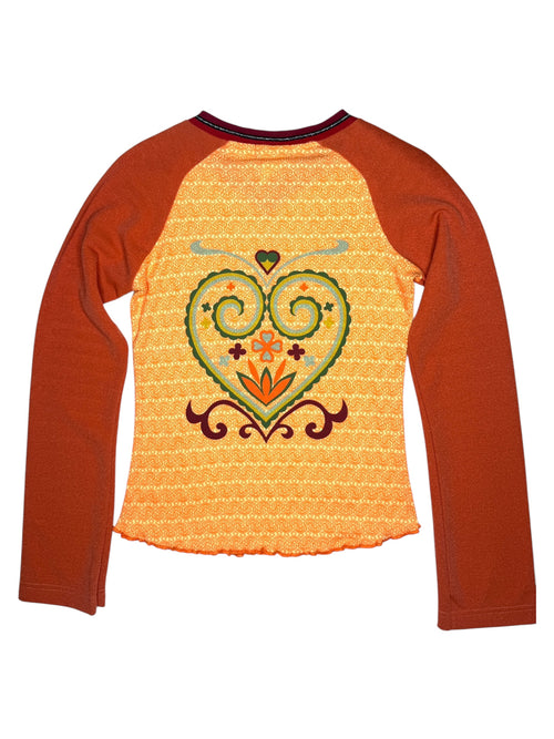 Vintage 2000s Y2K Custo Barcelona Orange Long Sleeve Abstract Graphic Print V-Neck Shirt with Glitter Sleeves | Size S