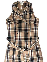 Vintage 90s Y2K Preppy Tartan Plaid Check Print Sleeveless Collared Button Down Midi Dress with Waist Tie | Size M