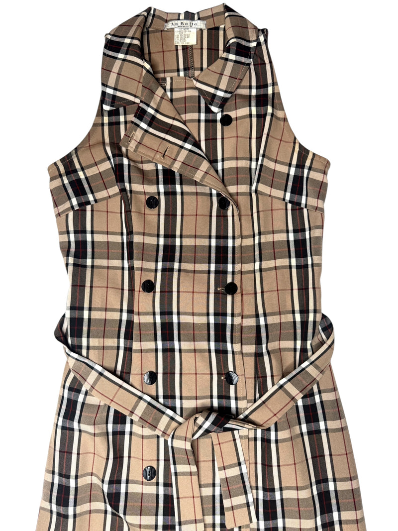Vintage 90s Y2K Preppy Tartan Plaid Check Print Sleeveless Collared Button Down Midi Dress with Waist Tie | Size M