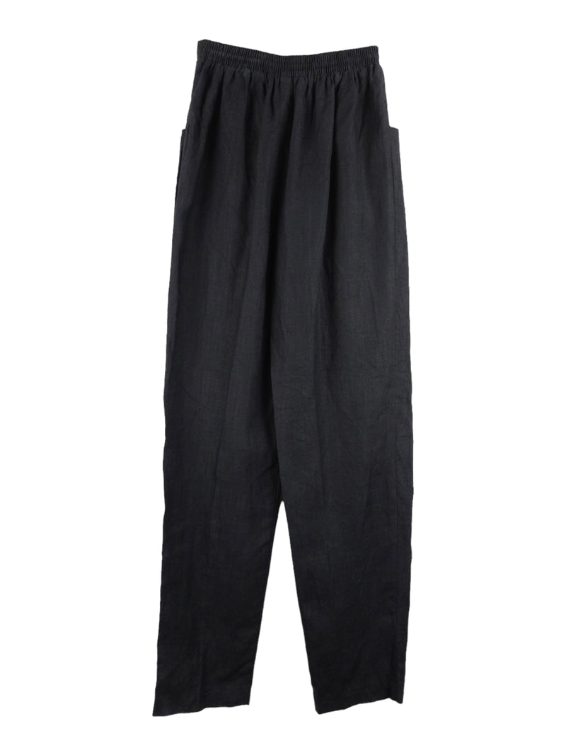 Vintage 2000s Y2K Linen Utilitarian Streetwear Basic Black Loose Relaxed Fit Trouser Pants with Elasticated Drawstring Waist | 25 Inch Waist