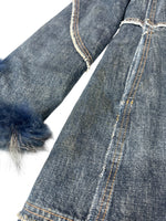Vintage 2000s Y2K Rocco Barocco Dark Wash Blue Denim Coat with Faux Fur Collar Trim | Size L