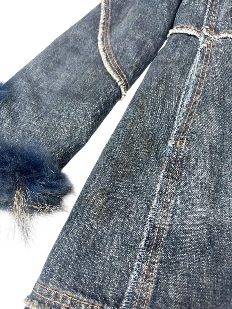 Vintage 2000s Y2K Rocco Barocco Dark Wash Blue Denim Coat with Faux Fur Collar Trim | Size L