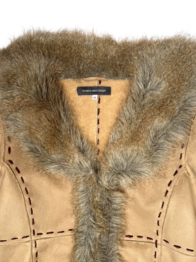 Vintage 2000s Y2K Bohemian Hippie Tan Faux Fur Trim Velour Button Down Winter Jacket Coat | Size L
