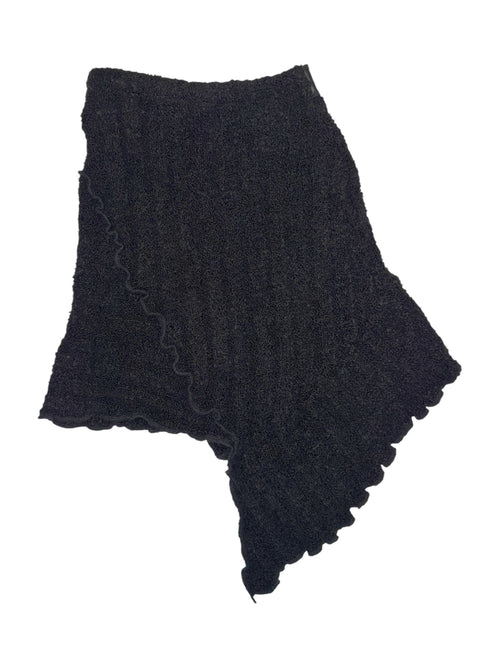 Vintage 2000s ZONE BLEUE Black Textured Knit Asymmetrical Ruffle Hem Midi Skirt with Faux Leather Belt Detail | Size S