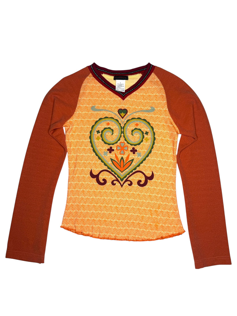 Vintage 2000s Y2K Custo Barcelona Orange Long Sleeve Abstract Graphic Print V-Neck Shirt with Glitter Sleeves | Size S