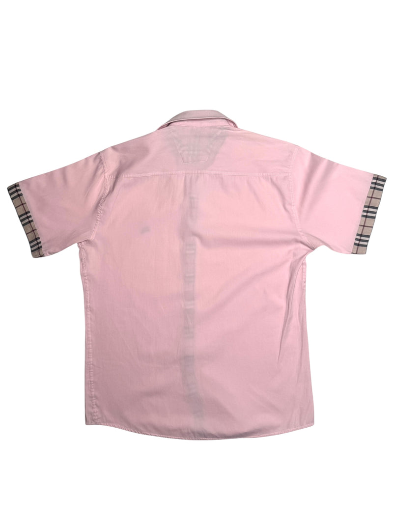 Vintage 2000s Y2K Burberry Preppy Pastel Pink & Plaid Tartan Collared Button Up Short Sleeve Shirt | Size M