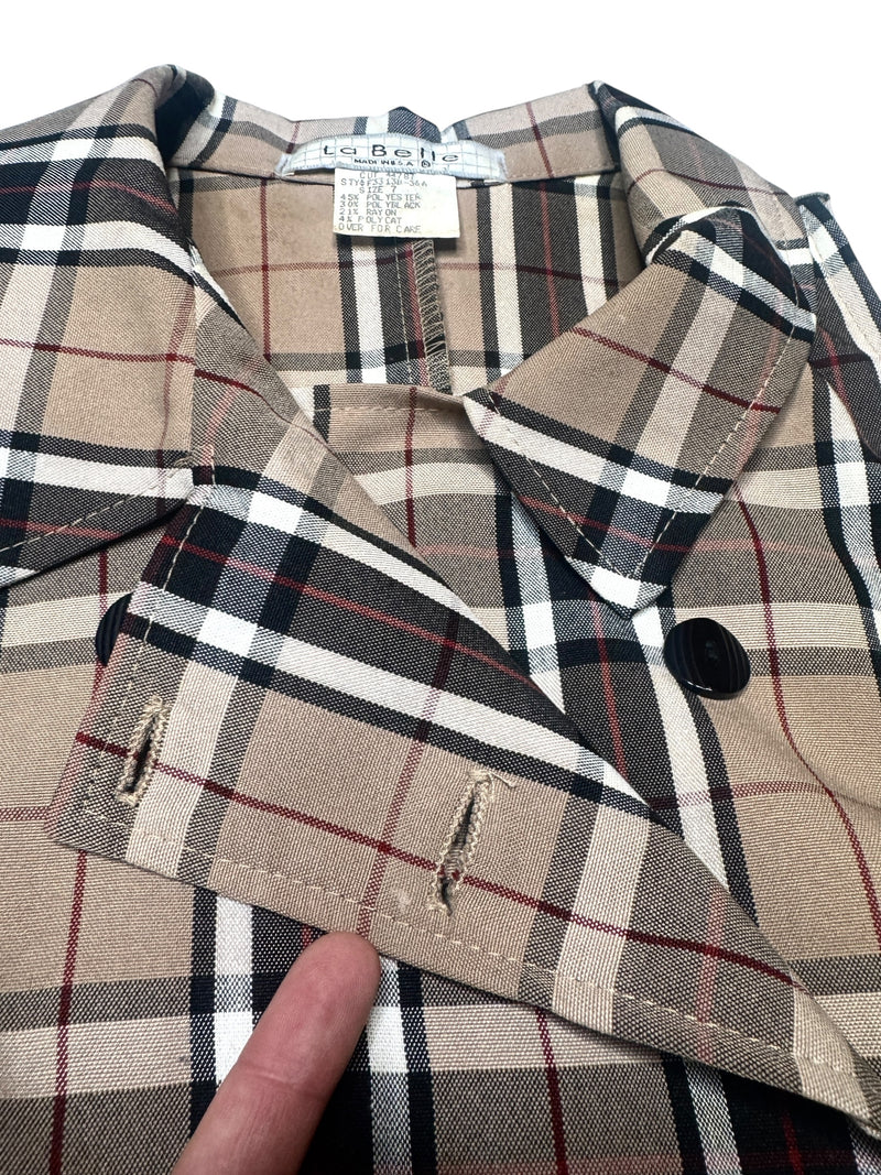 Vintage 90s Y2K Preppy Tartan Plaid Check Print Sleeveless Collared Button Down Midi Dress with Waist Tie | Size M
