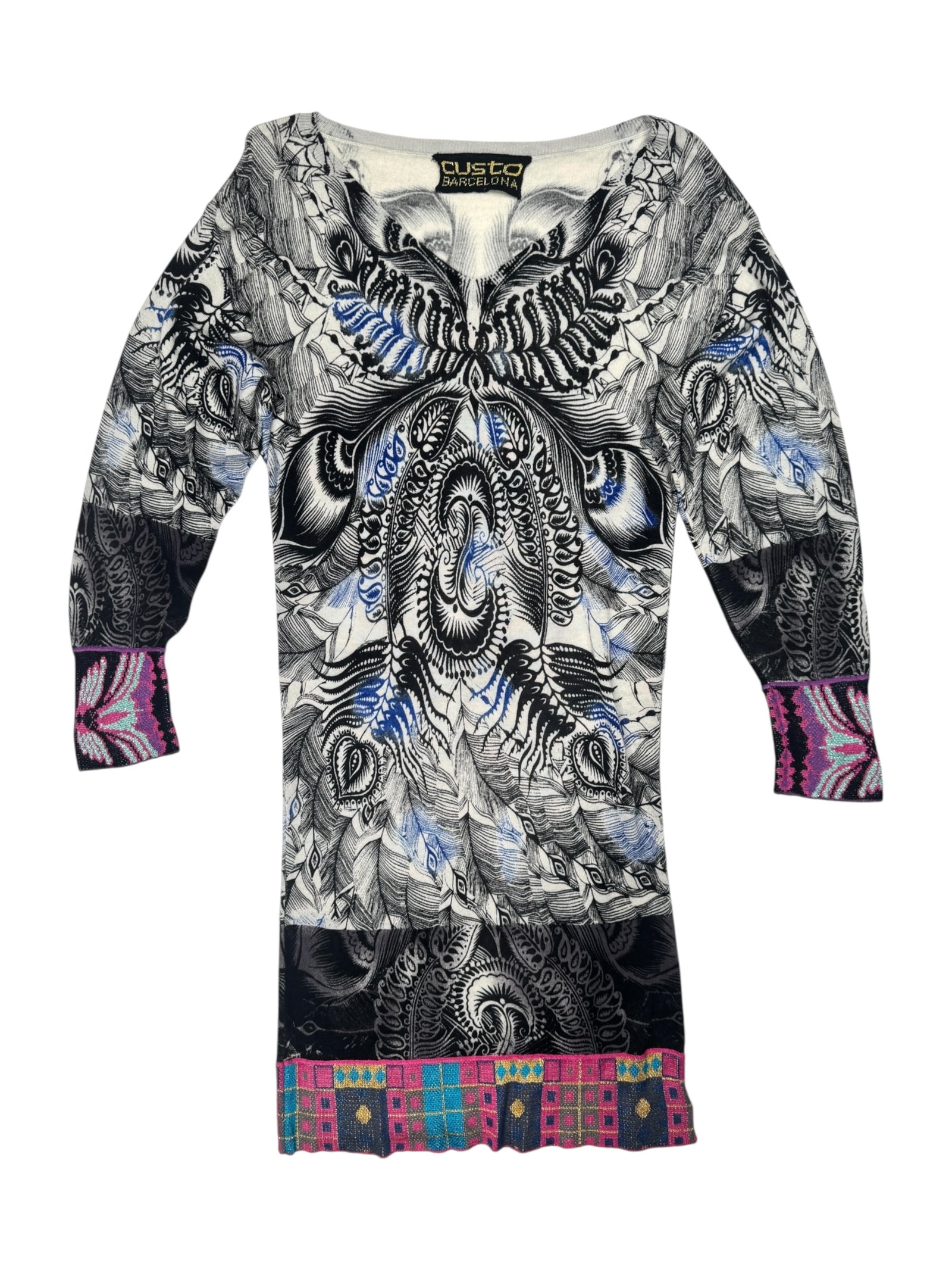 Vintage 2000s Y2K Custo Barcelona Wool Abstract Patterned Long Sleeve Above-the-Knee Knit Mini Dress | Size M