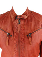 Vintage 2000s Y2K Distressed Rust Orange Moto High Neck Zip Up Leather Biker Jacket | Size M