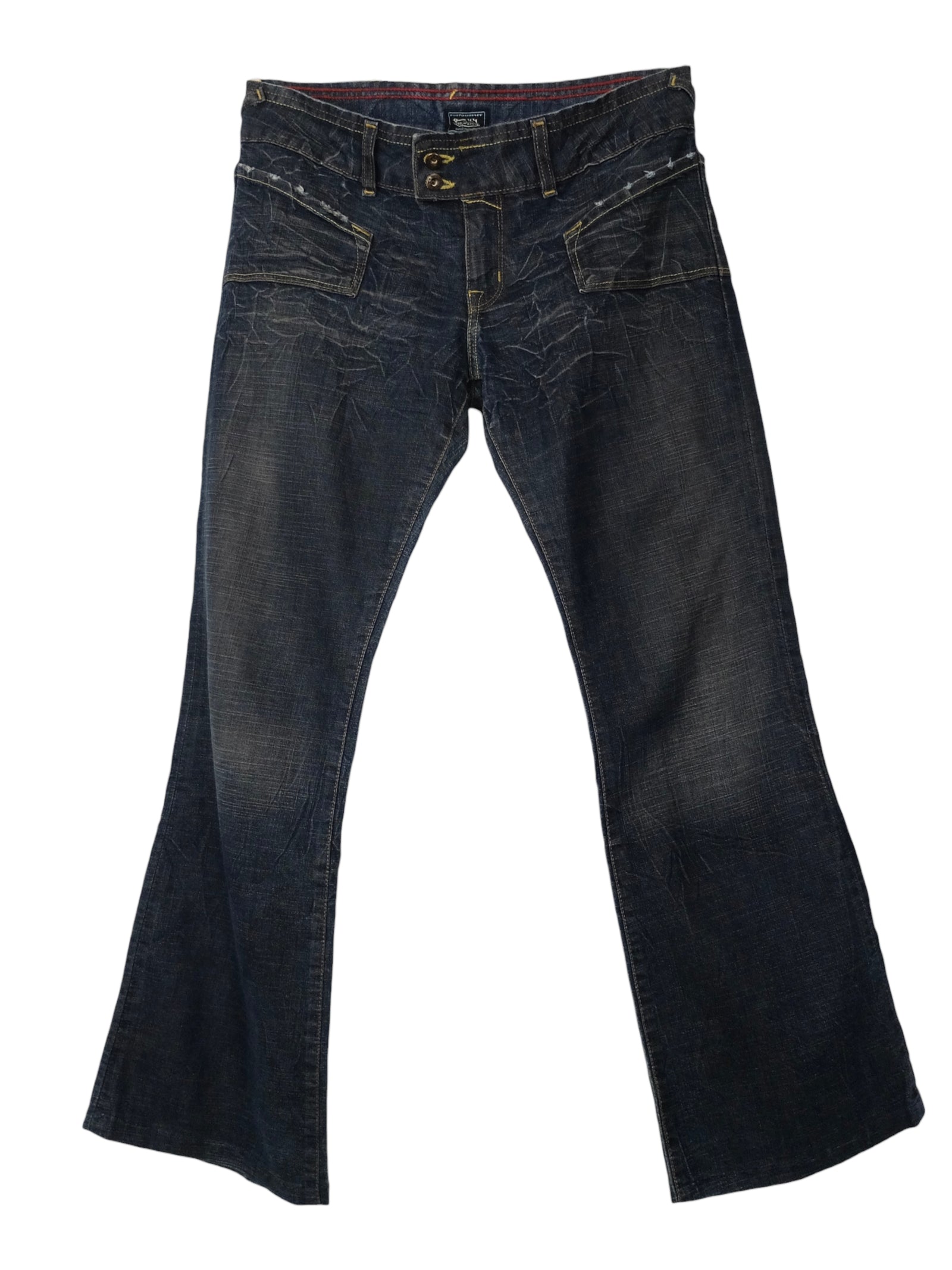 Vintage 2000s Y2K Von Dutch Low Rise Dark Wash Bootcut Jeans with Wing & Eyeball Patch Detail | 30 Inch Waist