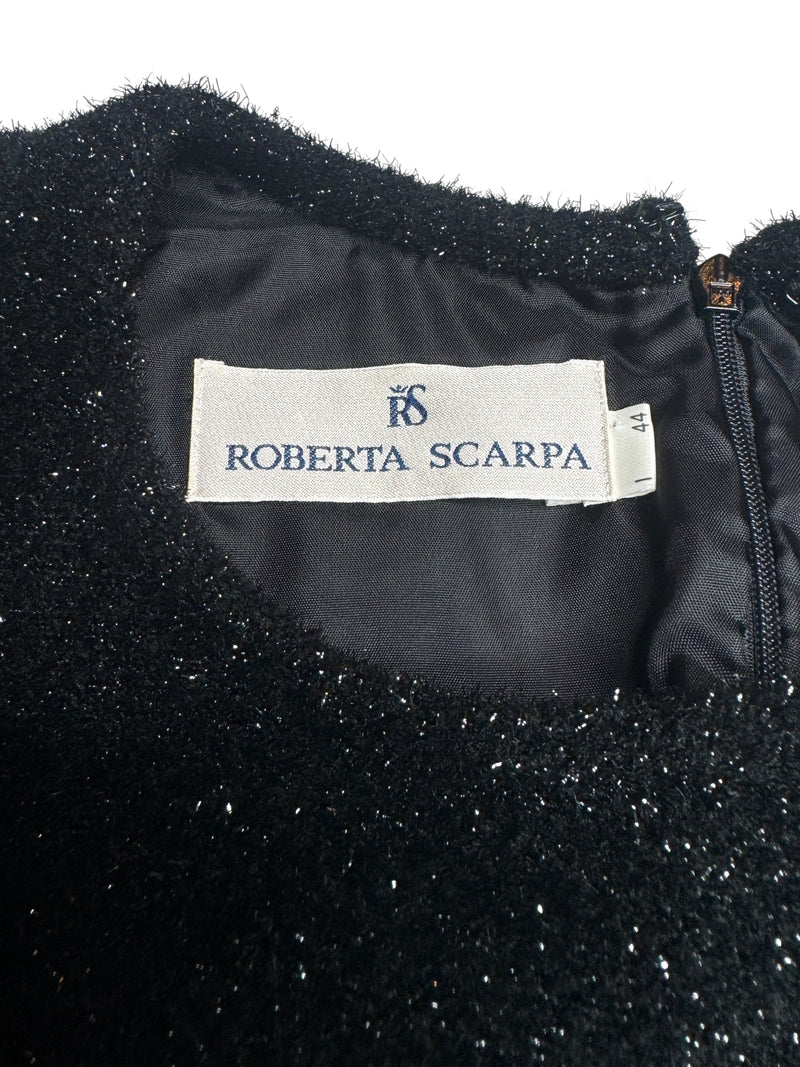 Vintage 90s Y2K Roberto Scarpa Black Velvet Short Sleeve Formal Cocktail Party Dress With Fuzzy Sparkle Detail | Size M-L
