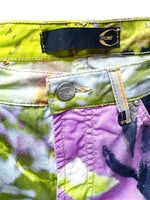 Vintage 2000s Y2K Just Cavalli Bohemian Grunge Mid-Rise Bright Green & Purple Abstract Floral Straight Leg Glitter Jeans | 28 Inch Waist
