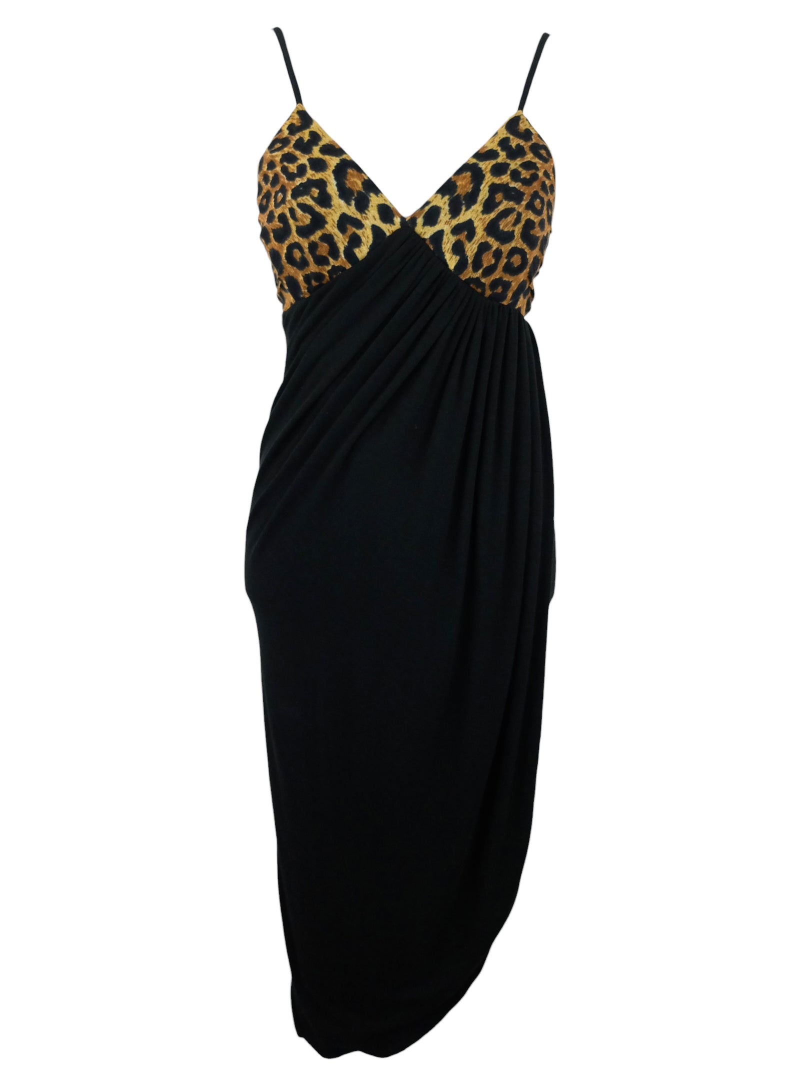 Vintage 90s La Perla Designer Chic Black & Brown Leopard Animal Print Sleeveless Spaghetti Strap Tank Midi Dress | Size M
