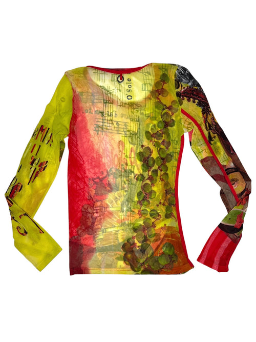 Vintage 2000s SAVE THE QUEEN Bright Red & Yellow Abstract Graphic Mesh Patchwork Long Sleeve Top | Size S
