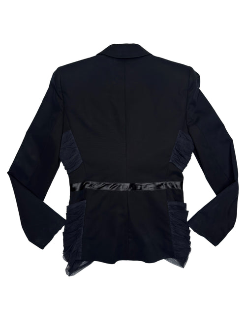 Vintage 2000s CAVALLI Cotton Black Fitted Blazer Jacket with Ruched Mesh Detail | Size S