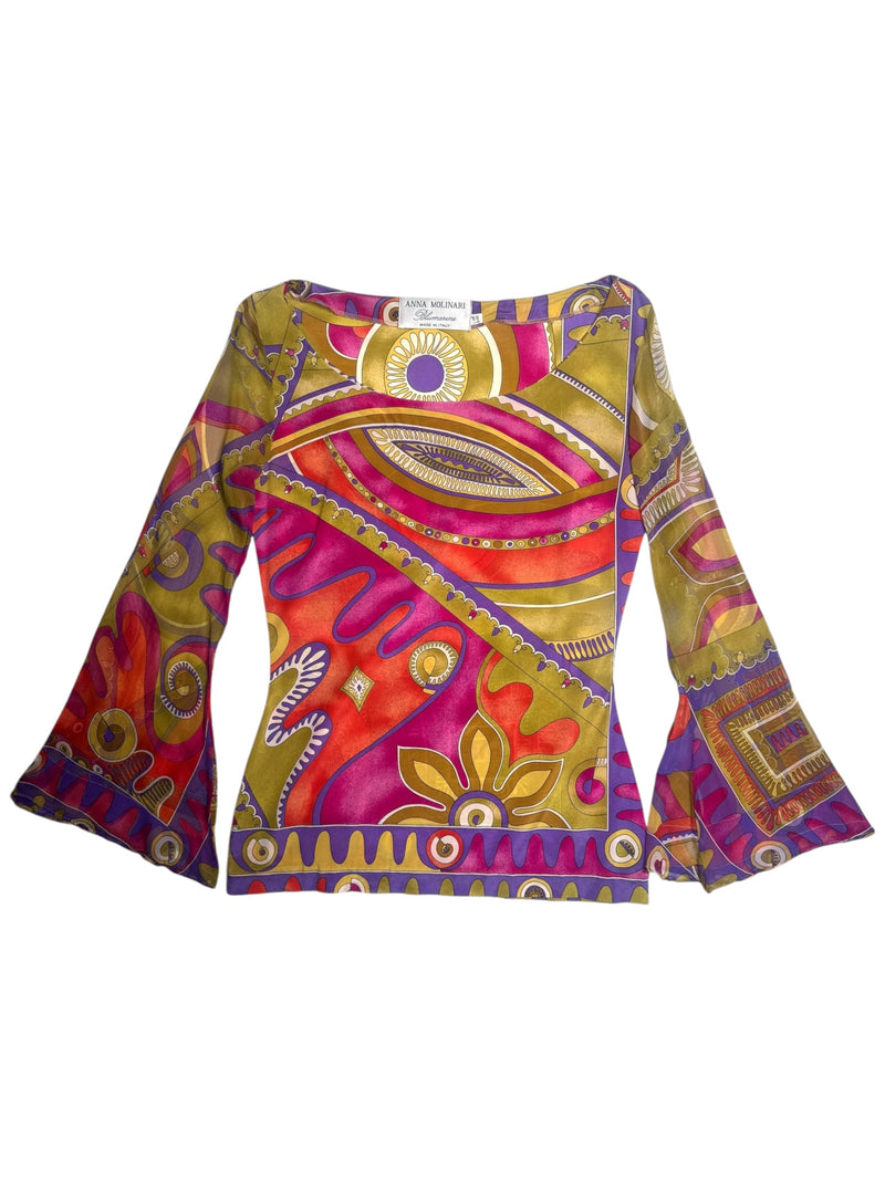 Vintage 90s Y2K Anna Molinari Blumarine Rare Psychedelic Silk Bright Abstract Patterned Butterfly Sleeve Blouse