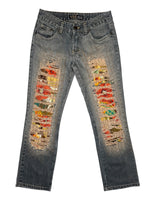 Vintage 2000s Y2K Bohemian Grunge Low Mid Rise Ripped Faded Denim Straight Leg Slim Jeans With Floral Patchwork Detail | 28 Inch Waist