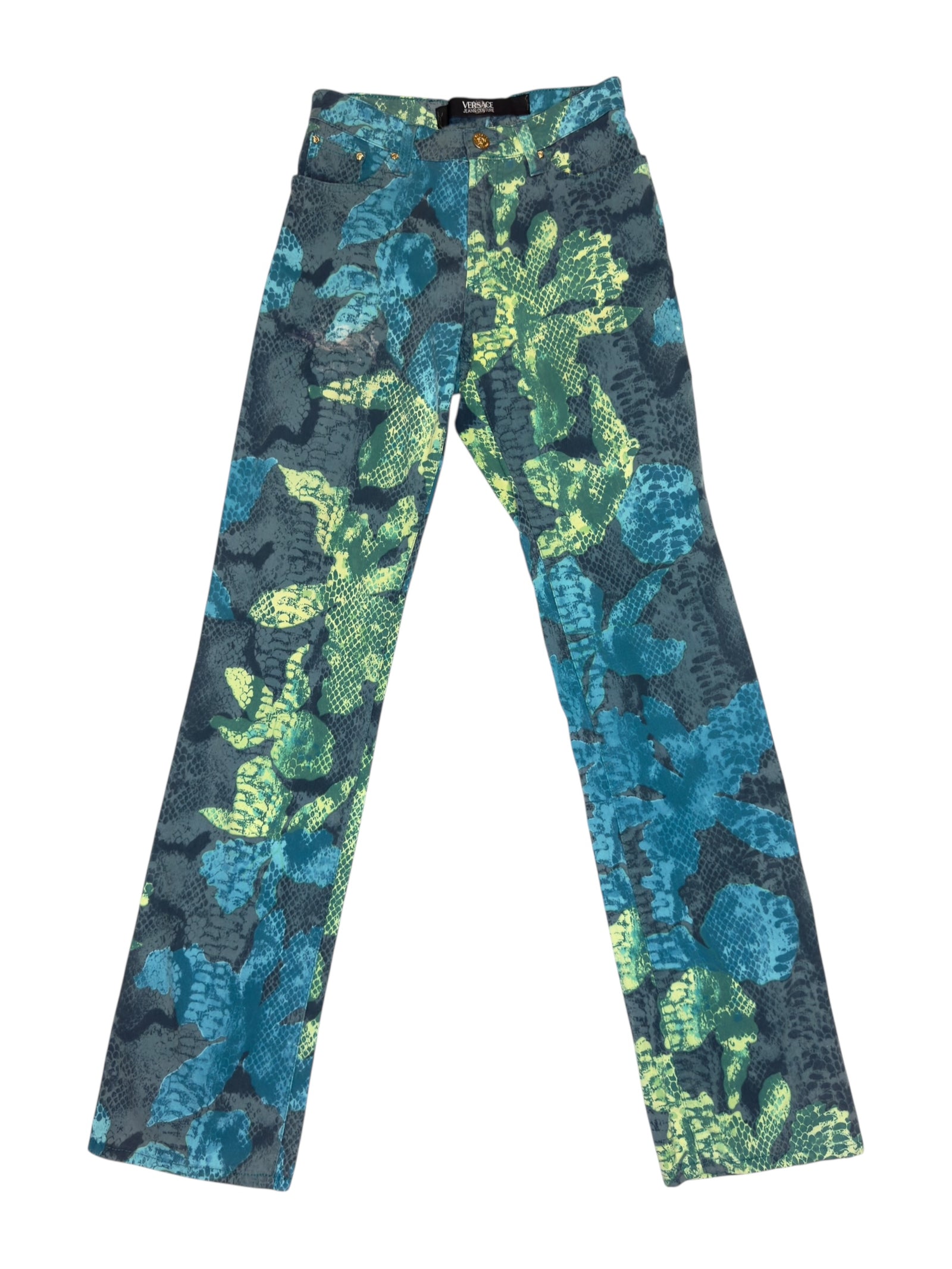 Vintage 2000s Versace Jeans Couture High Waisted Abstract Snake & Floral Patterned Slim Fit Jeans | 24 Inch Waist