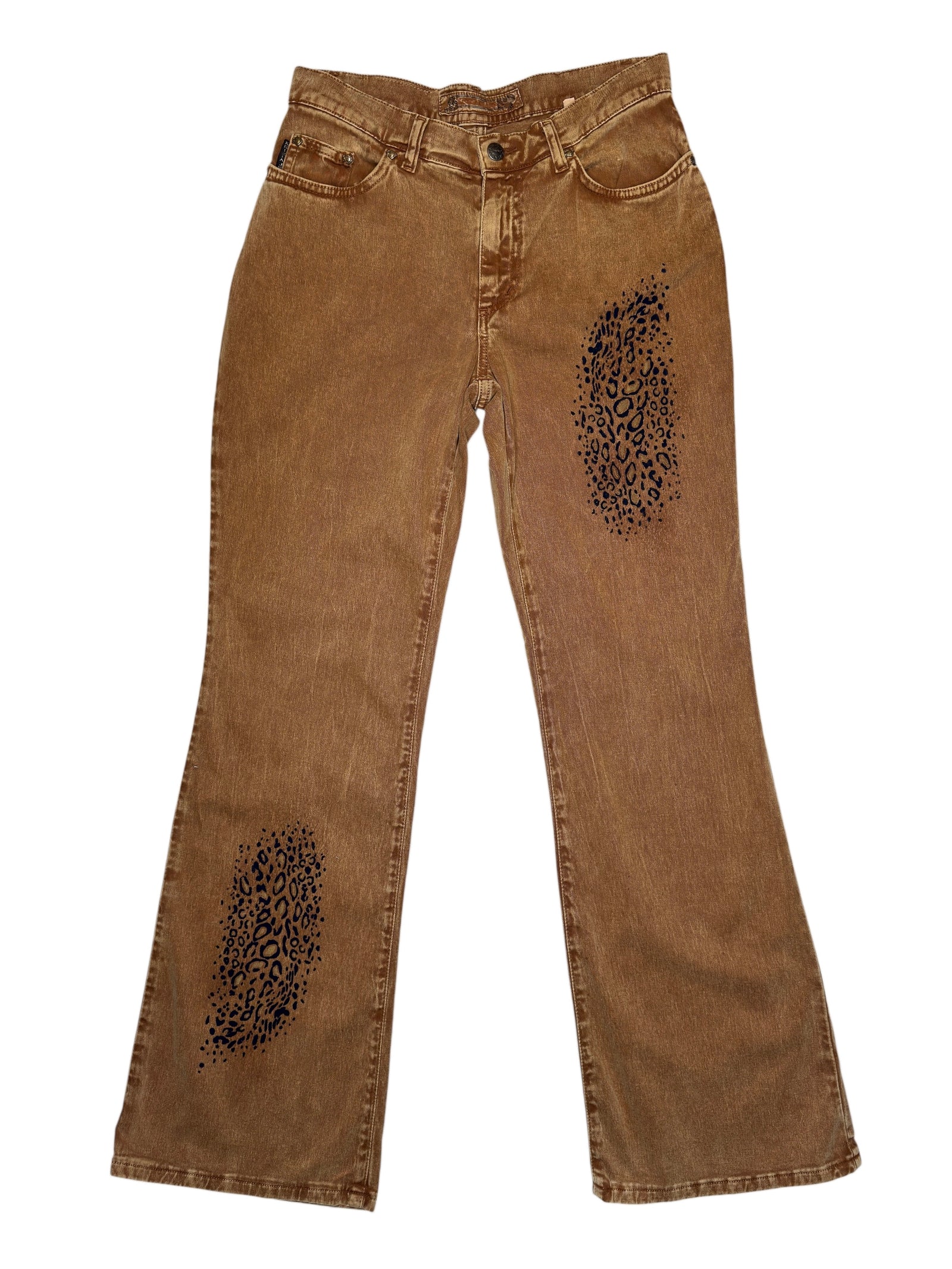 Vintage 2000s KRIZIA Brown Acid Wash Low Rise Bootcut Jeans with Velour Leopard Print Detail | Size S