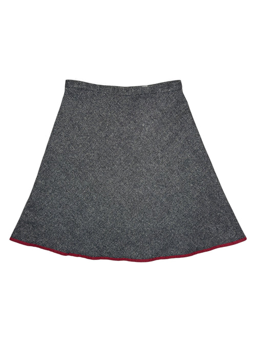 Vintage 2000s MOSCHINO Wool Blend Grey Herringbone Circle Knee Length Skirt with Red Trim | Size S
