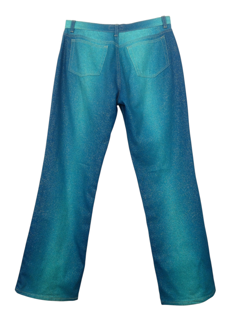 Vintage 2000s Y2K Roberto Cavalli Teal Metallic Glitter Straight Leg Jeans | 33 Inch Waist