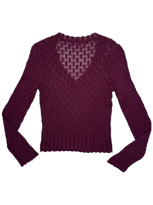 Vintage 2000s Burgundy Open Knit Crochet V-Neck Button Up Cardigan Sweater | Size S