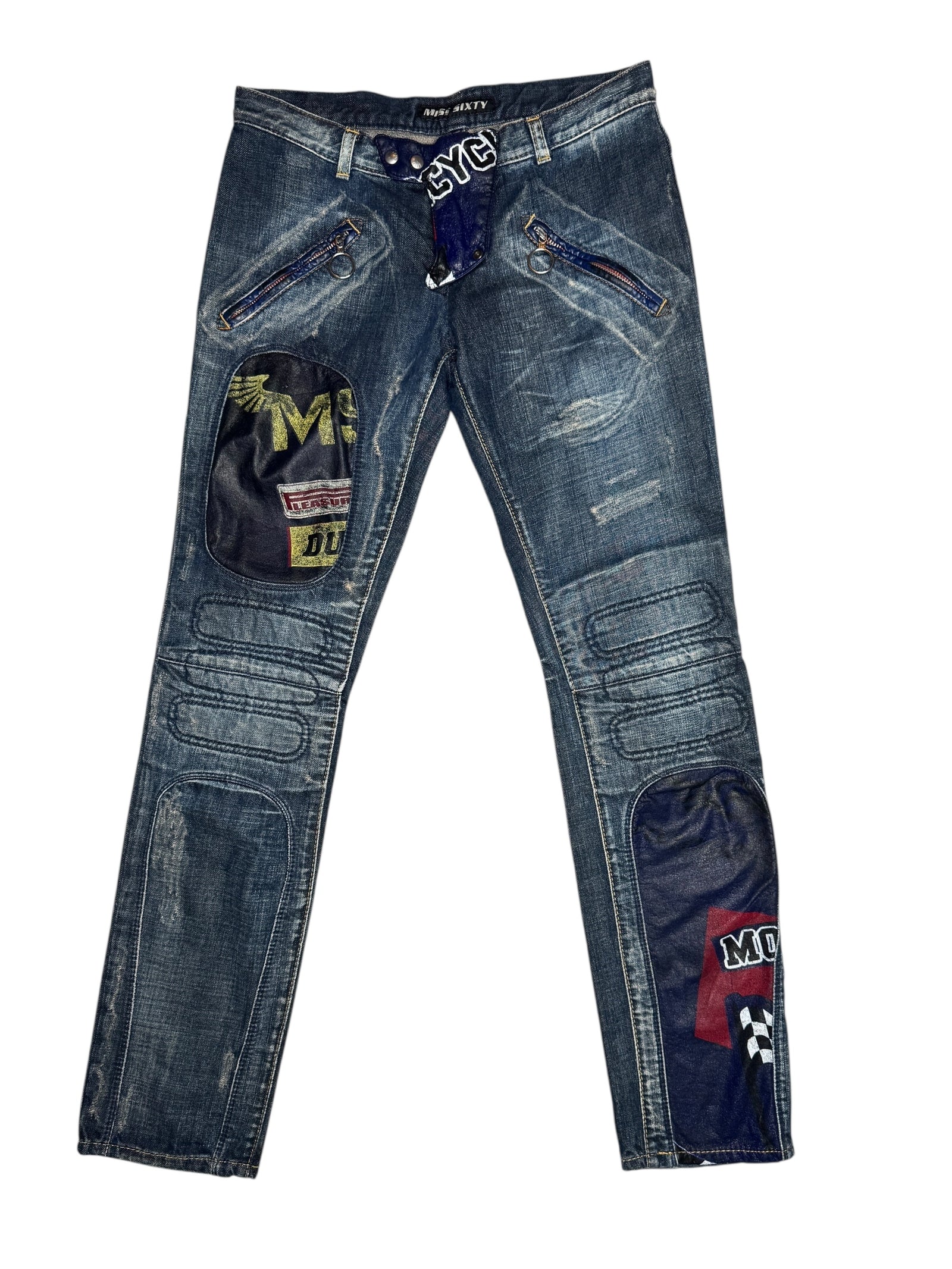 Vintage 2000s Miss Sixty Low Rise Slim Fit Graphic Patchwork Skinny Racing Jeans | 30 Inch Waist