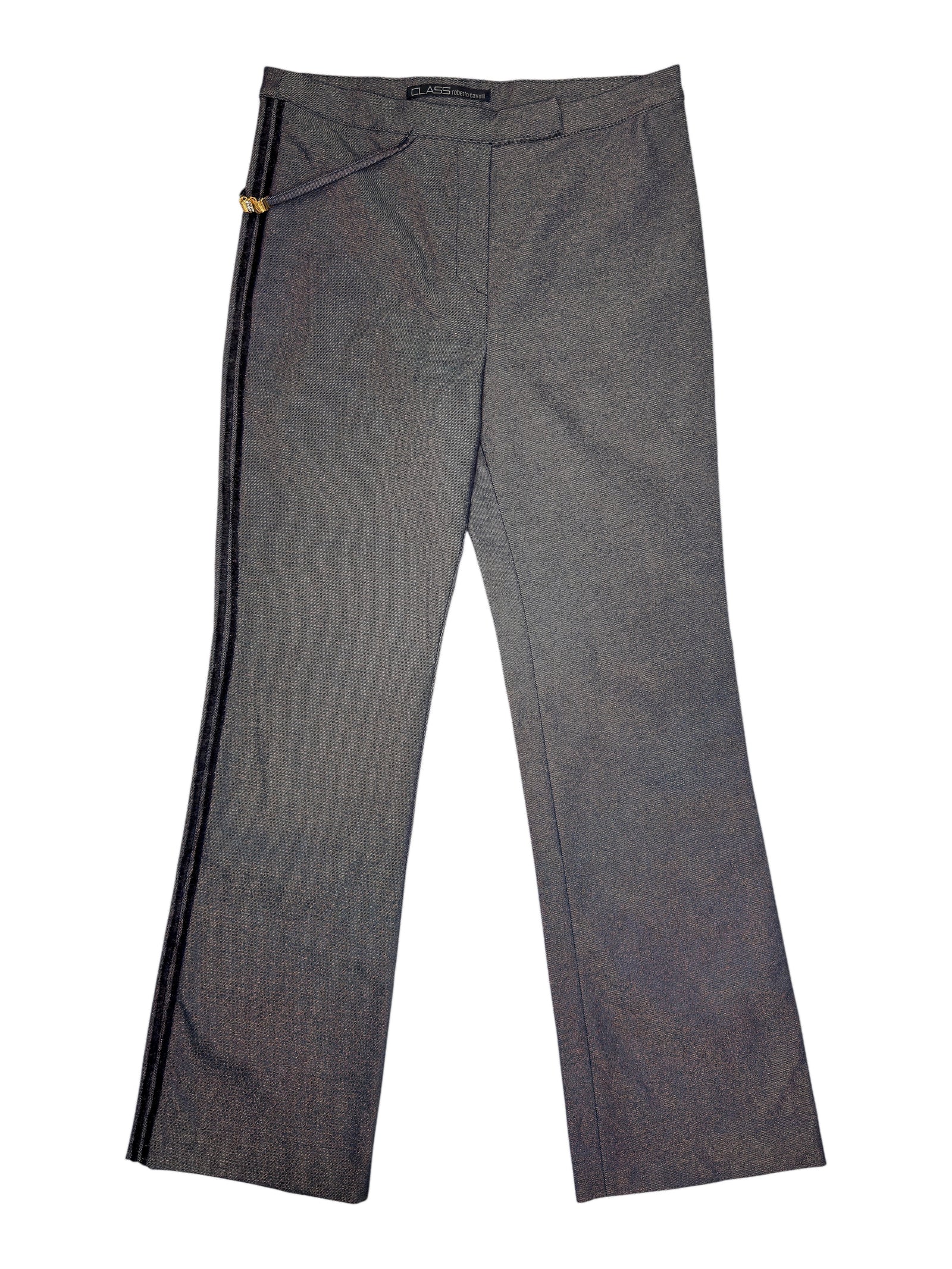 Vintage 2000s ROBERTO CAVALLI Blue Copper Shimmering Twill Mid Rise Straight Bootcut Trousers with Black Side Stripes | Size S