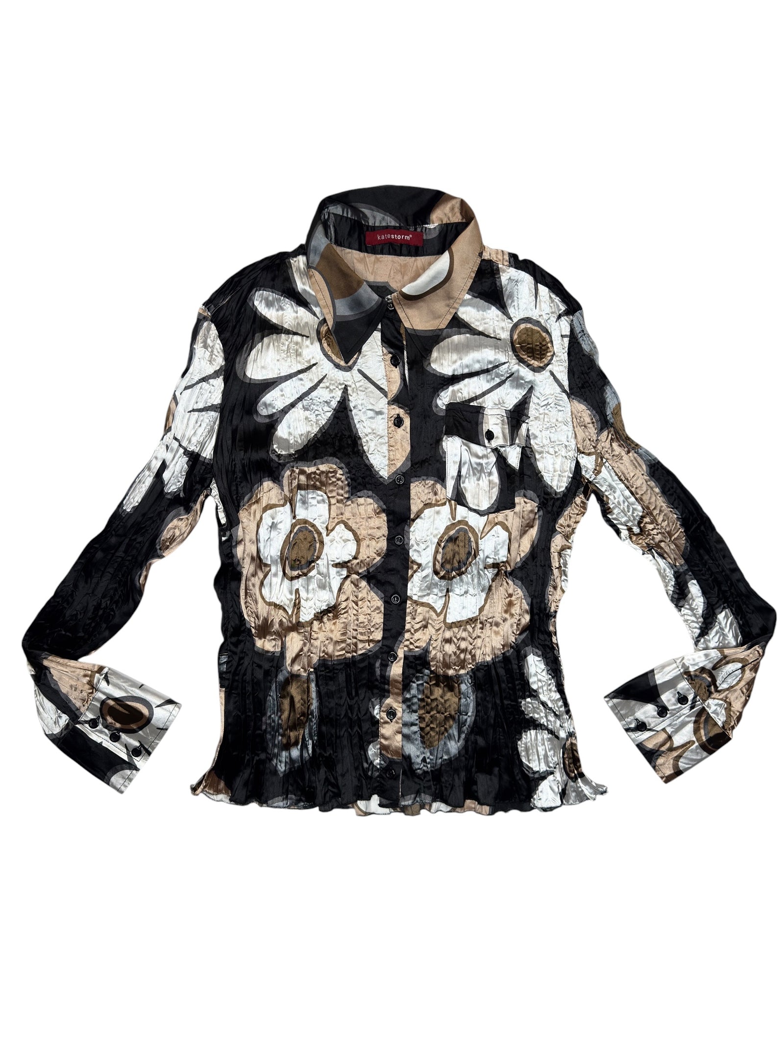 Vintage 2000s Floral Abstract Crinkle Silky Long Sleeve Collared Button Up Shirt  | Size M-L