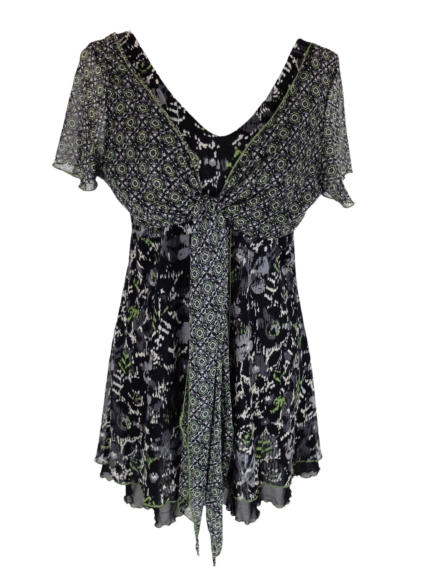 Vintage 2000s Y2K Gothic Boho Abstract Print Short Sleeve V-Neck Mesh Top Blouse with Front Tie Detail & Lettuce Hem | Size XL