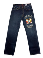 Vintage 2000s VON DUTCH Men's Dark Wash Blue Denim Straight Leg Fire Patch Jeans | Size S-M