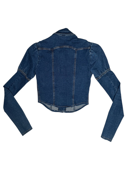 Vintage 2000s Plein Sud Fitted Peplum Sleeve Button Down Collared Dark Wash Denim Jacket | Size XXS