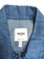Vintage 2000s Y2K Moschino Jeans Cropped Blue Medium Wash Collared Button Down Denim Jacket | Size M-L