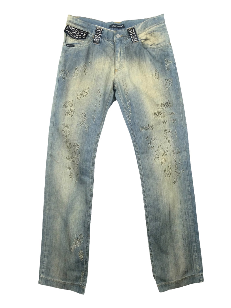 Vintage 2000s Y2K Dolce & Gabbana Deadstock Light Wash Abstract Patterned Jeans with Black Patchwork Grommet Detail | 30-31 Inch Waist